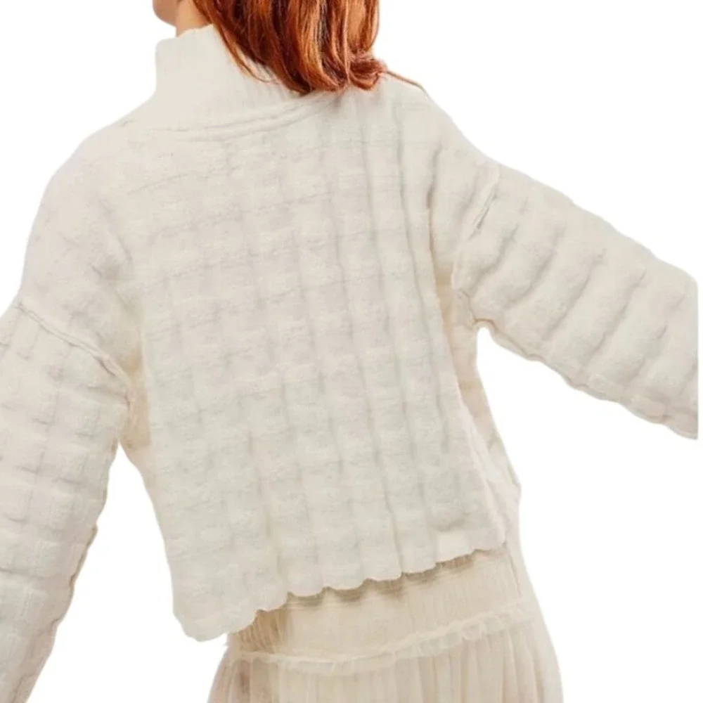 Free People Care FP‎ Soul Searcher Mock Neck Bohemian Sweater Squares Ivory XS